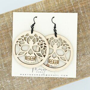 Laser-Cut Skull Earrings | Finished Maple Wood | Day of the Dead Inspired Jewelr